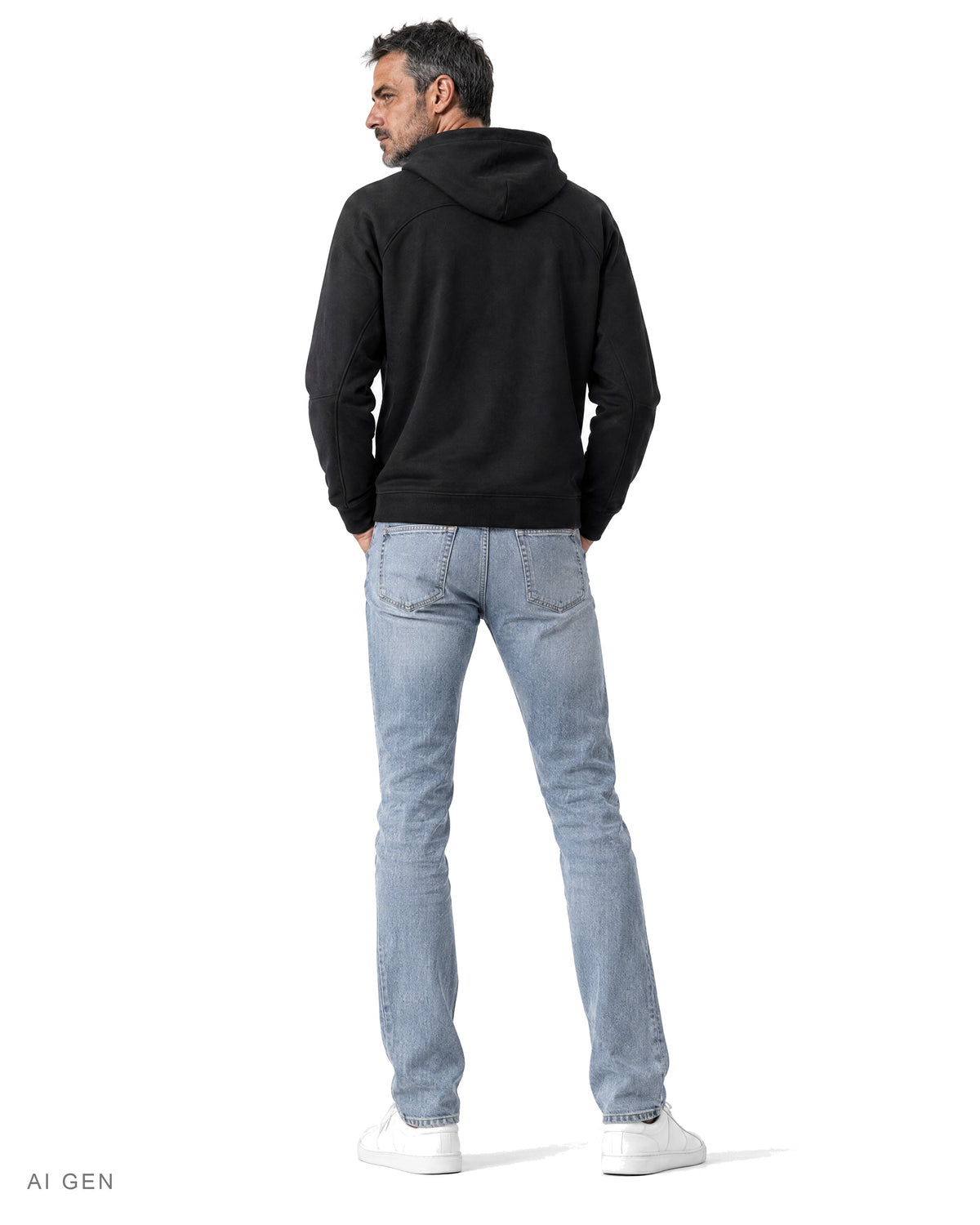 Felpa a collo alto – felpa hoodie nera a collo alto con zip laterali, indossata da un modello – vista posteriore