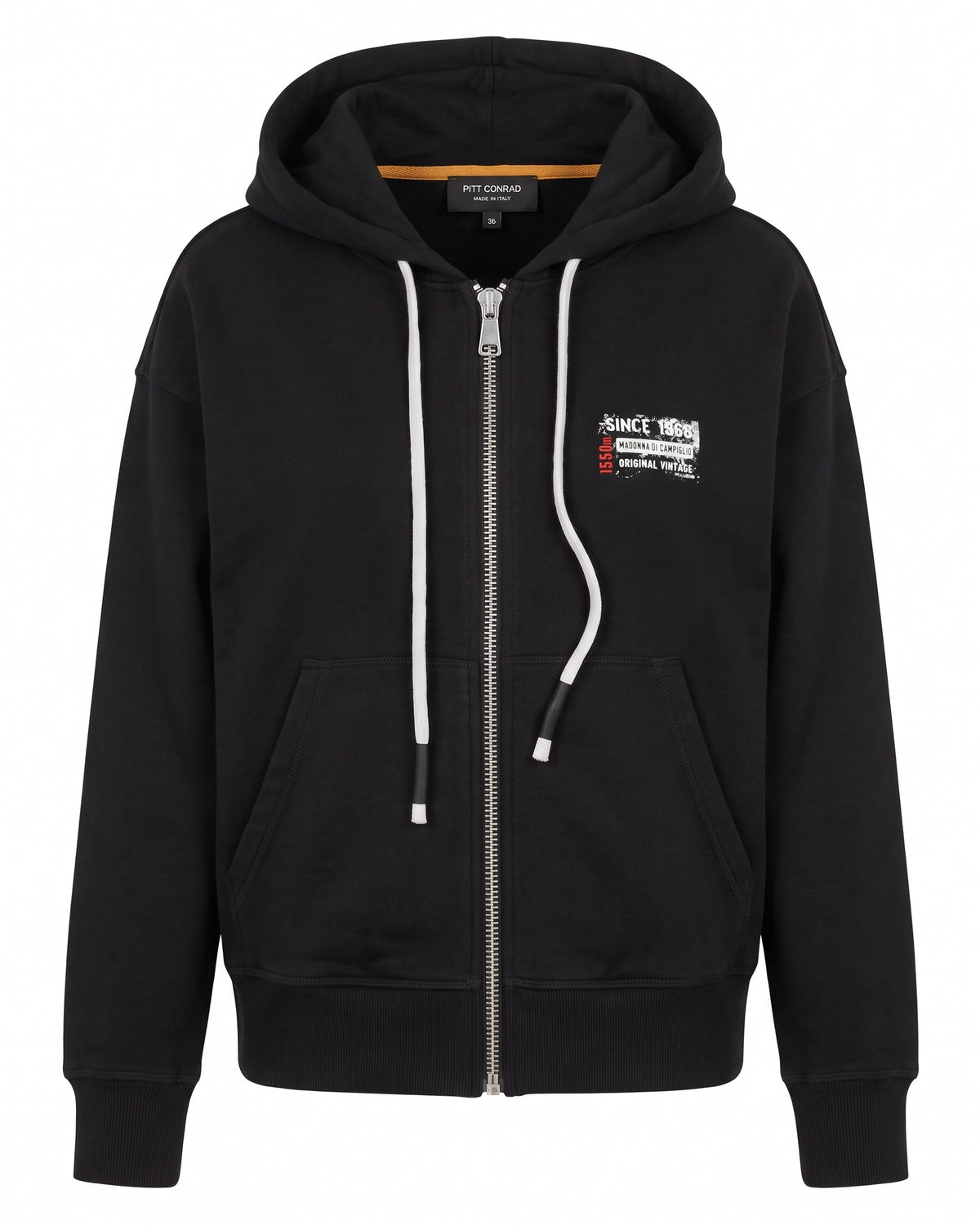 Felpa hoodie nera full zip Madonna di Campiglio 1550m – vista frontale