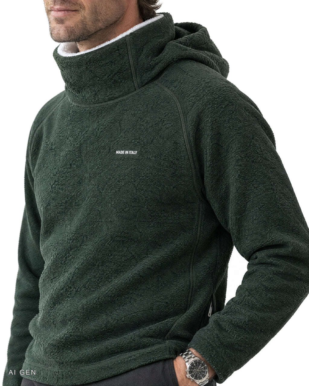 NINJA – felpa in pile verde bosco con collo alto e cappuccio, indossata da un modello – dettaglio del collo
