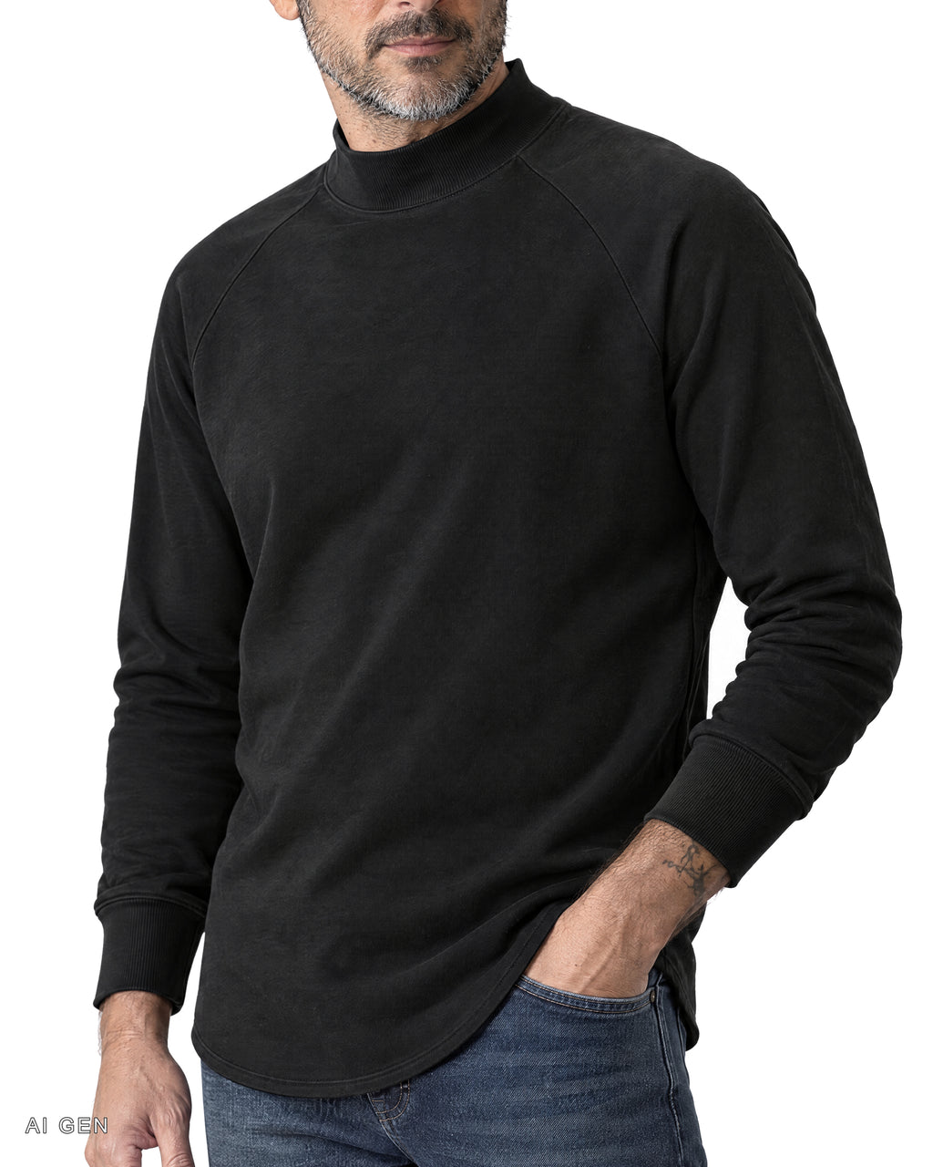 TUBELAR CLASSIC – felpa nera a collo alto raglan, indossata da un modello – dettaglio del collo