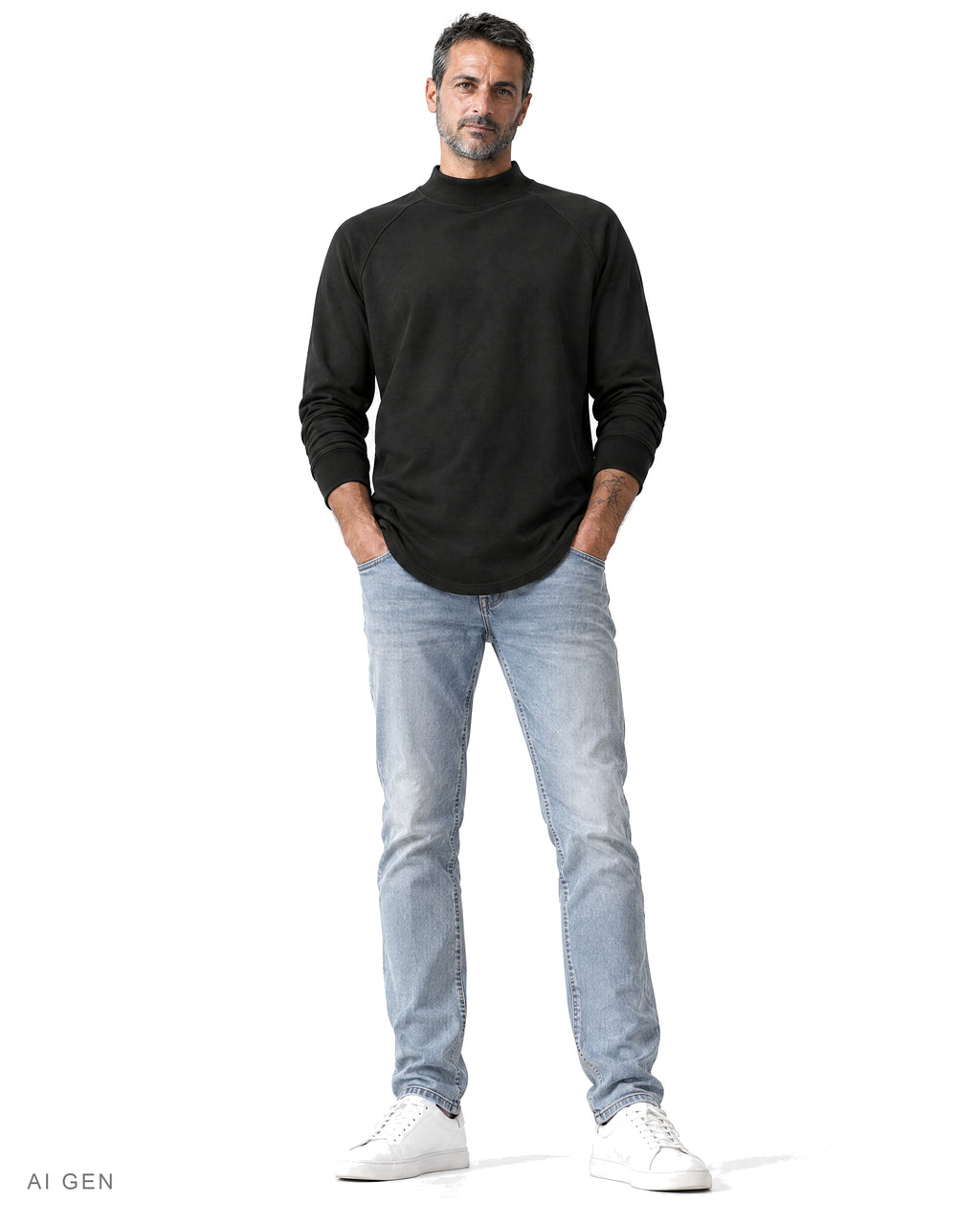 TUBELAR CLASSIC – felpa nera a collo alto raglan, indossata da un modello – vista frontale