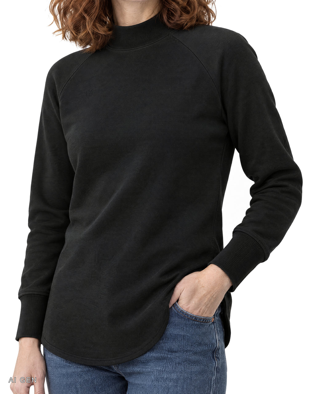 TUBELAR CLASSIC – felpa nera a collo alto raglan, indossata da una modella – dettaglio del collo