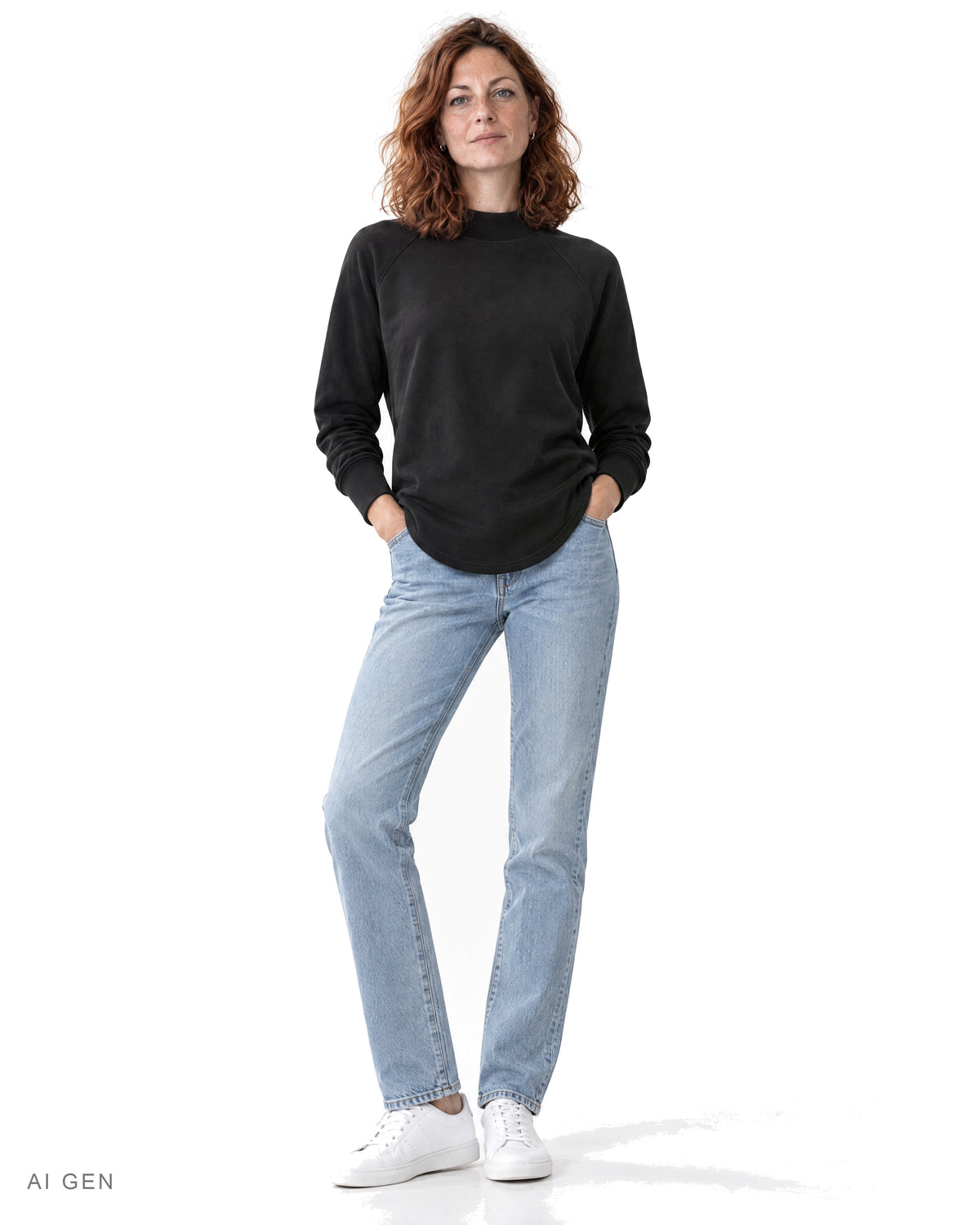 TUBELAR CLASSIC – felpa nera a collo alto raglan, indossata da una modella – vista frontale