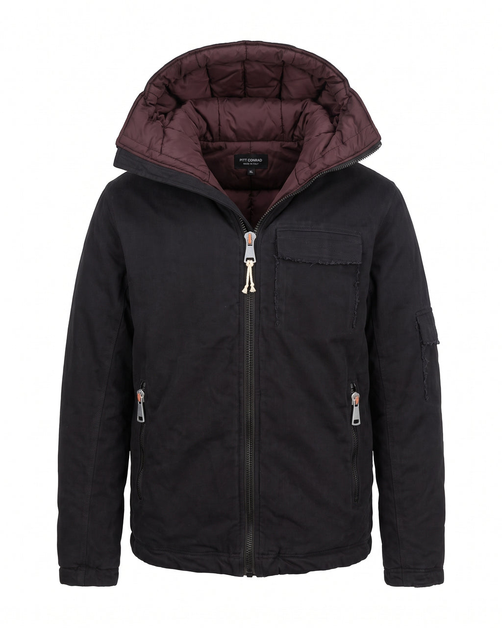 Giubbotto biker imbottito nero con cappuccio foderato bordeaux – vista frontale