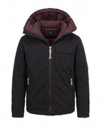 Giubbotto biker imbottito nero con cappuccio foderato bordeaux – vista frontale