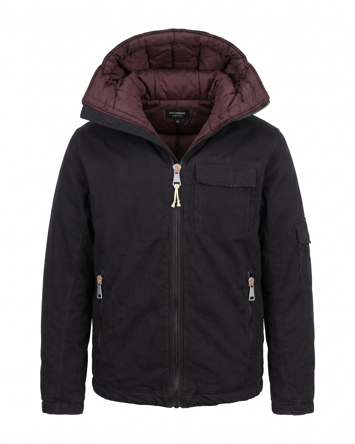Giubbotto biker imbottito nero con cappuccio foderato bordeaux – vista frontale