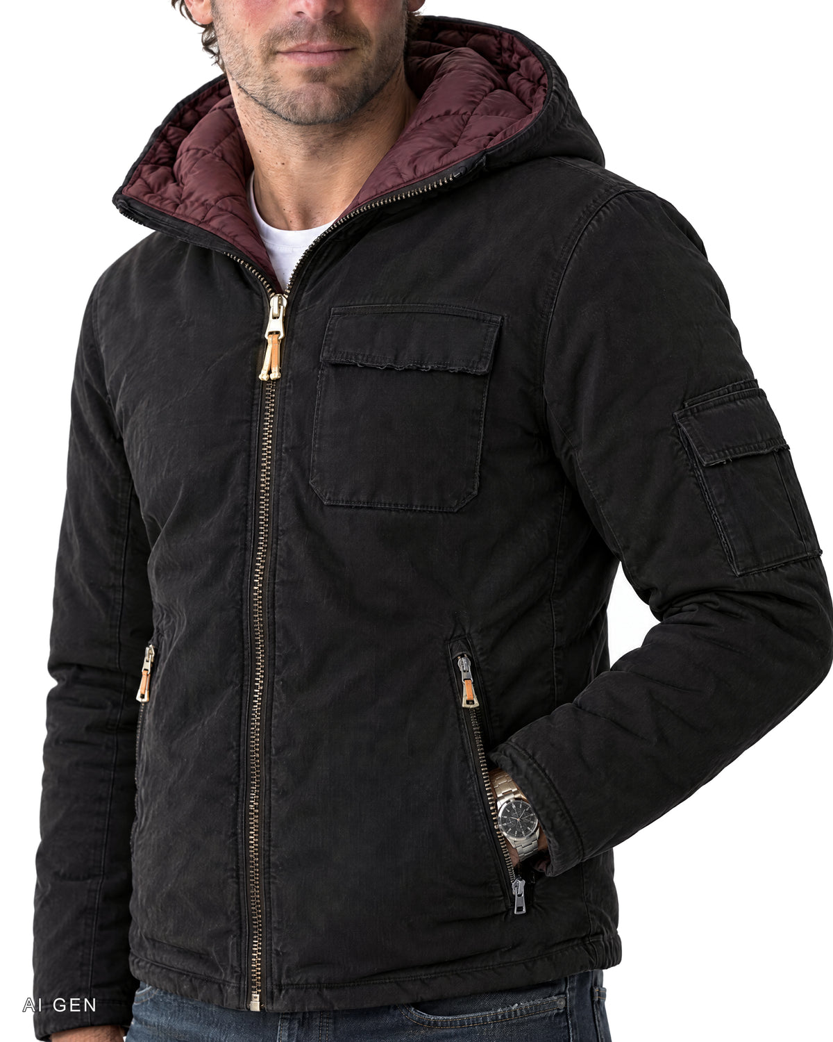 CLARK – giubbotto biker nero imbottito con cappuccio, indossato da un modello – dettaglio