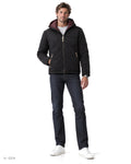 CLARK – giubbotto biker nero imbottito con cappuccio, indossato da un modello – vista frontale