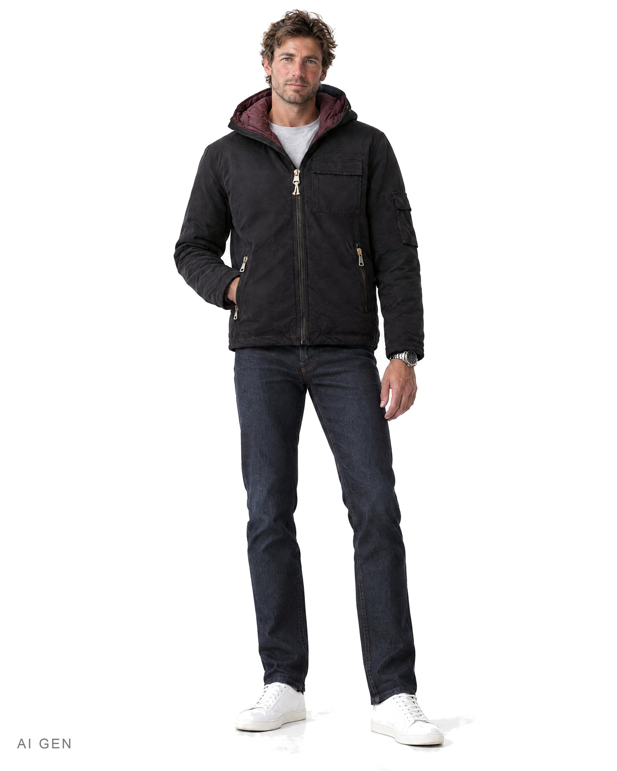 CLARK – giubbotto biker nero imbottito con cappuccio, indossato da un modello – vista frontale