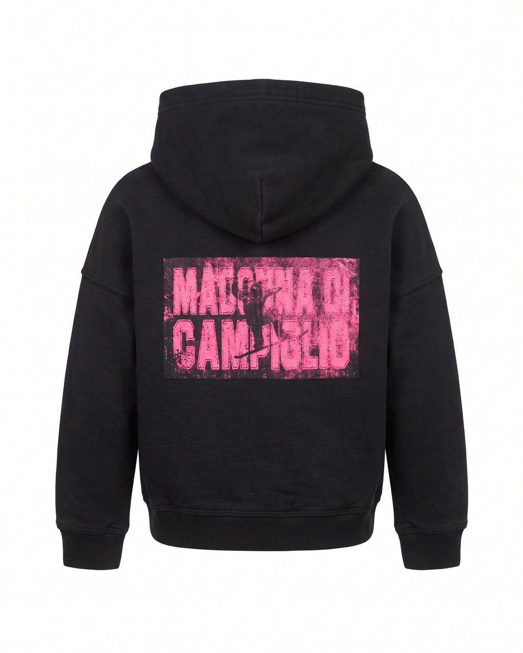 Felpa hoodie nera bambino con zip fluo e stampa Madonna di Campiglio – vista posteriore