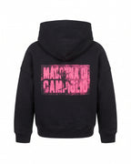 Felpa hoodie nera bambino con zip fluo e stampa Madonna di Campiglio – vista posteriore