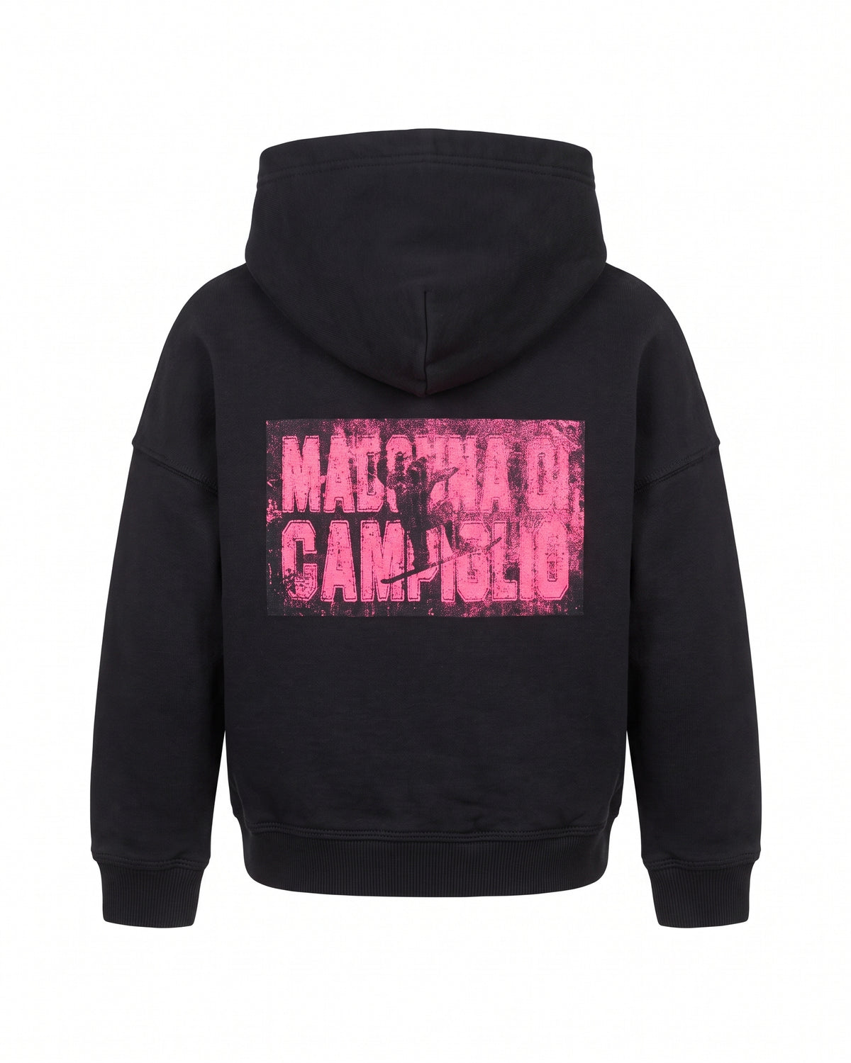 Felpa hoodie nera bambino con zip fluo e stampa Madonna di Campiglio – vista posteriore
