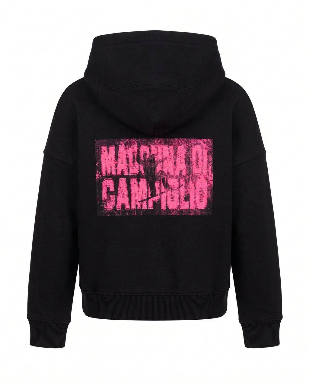 Felpa hoodie nera con zip asimmetrica rossa Madonna di Campiglio – vista posteriore