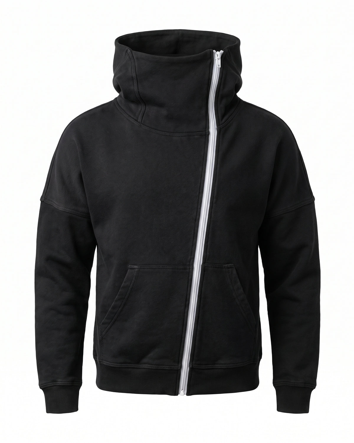 Hoodie nera con zip bianca asimmetrica e stampa Madonna di Campiglio – vista frontale