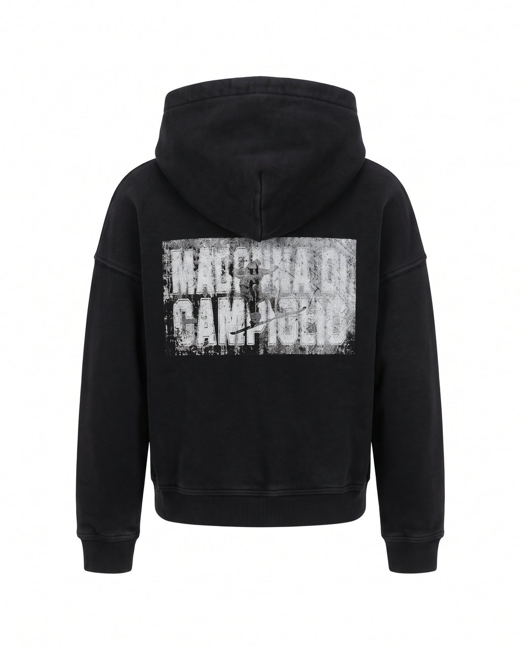 Hoodie nera con zip bianca asimmetrica e stampa Madonna di Campiglio – vista posteriore