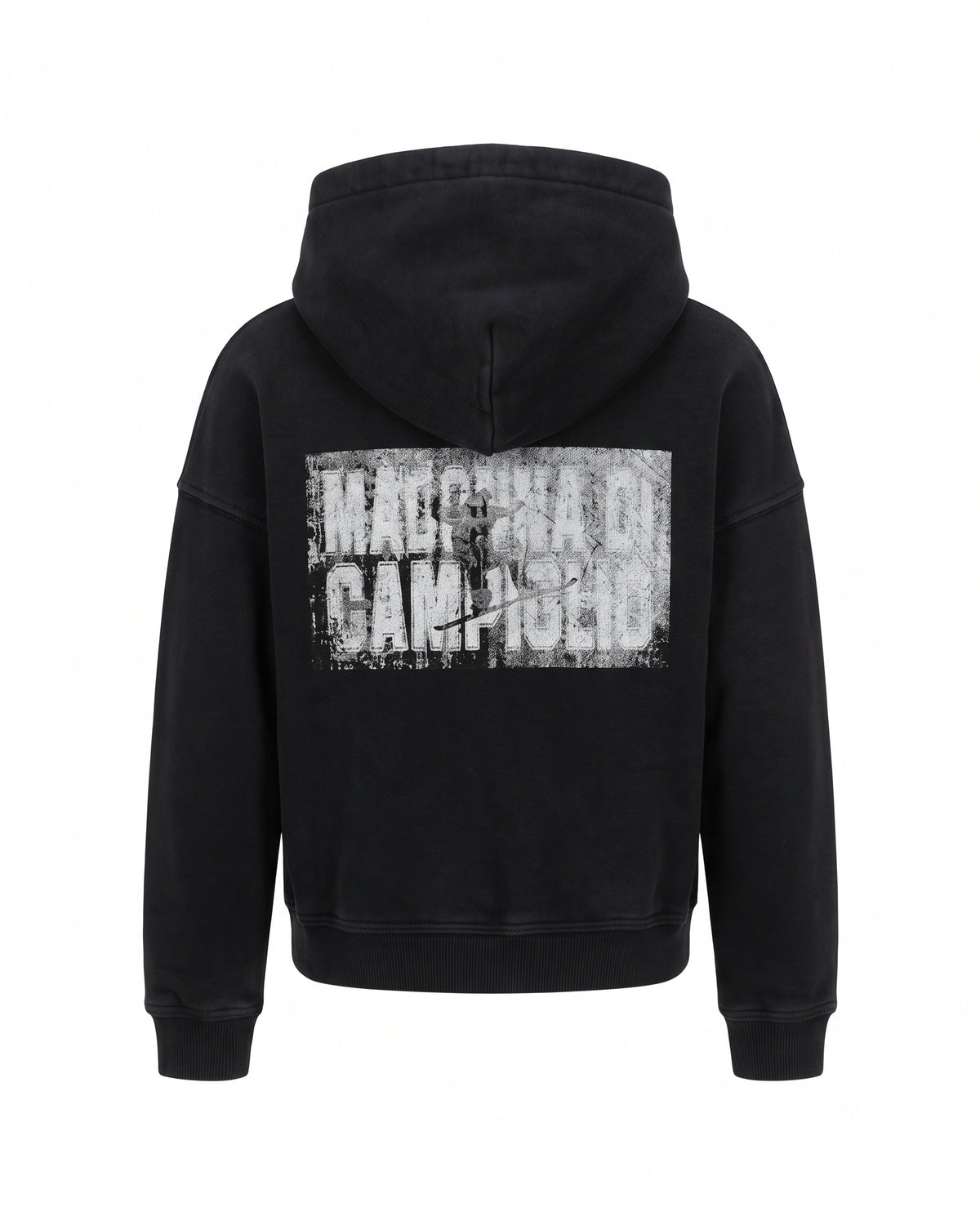 Hoodie nera con zip bianca asimmetrica e stampa Madonna di Campiglio – vista posteriore