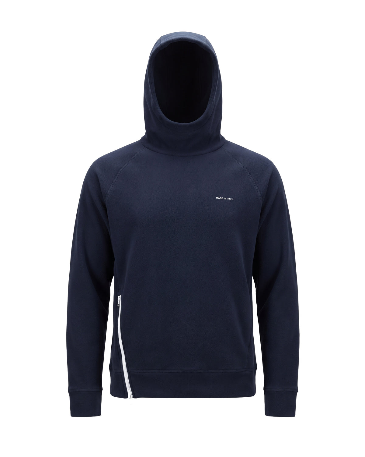 Hoodie in pile blu navy scuro zip laterale Made in Italy – vista frontale