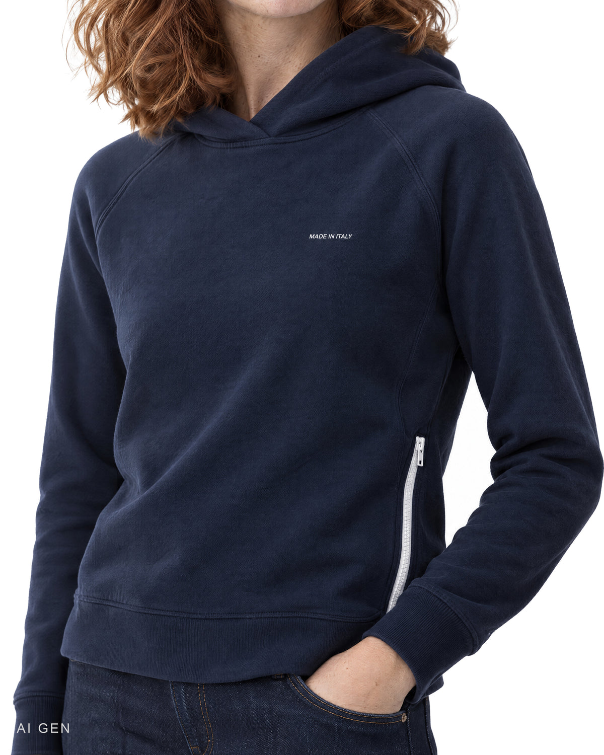 NINJA – hoodie in pile blu navy con zip laterale, indossato da una modella – dettaglio