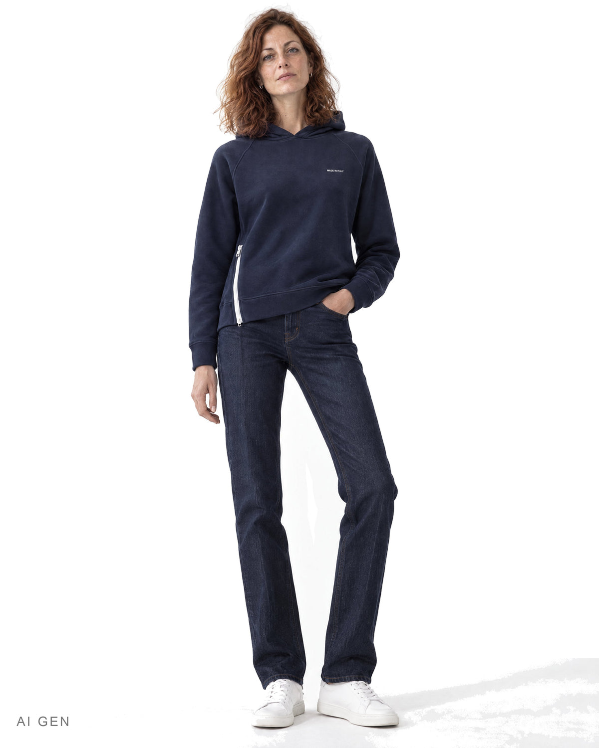 Felpa a collo alto – hoodie in pile blu navy con zip laterale, indossato da una modella – vista frontale
