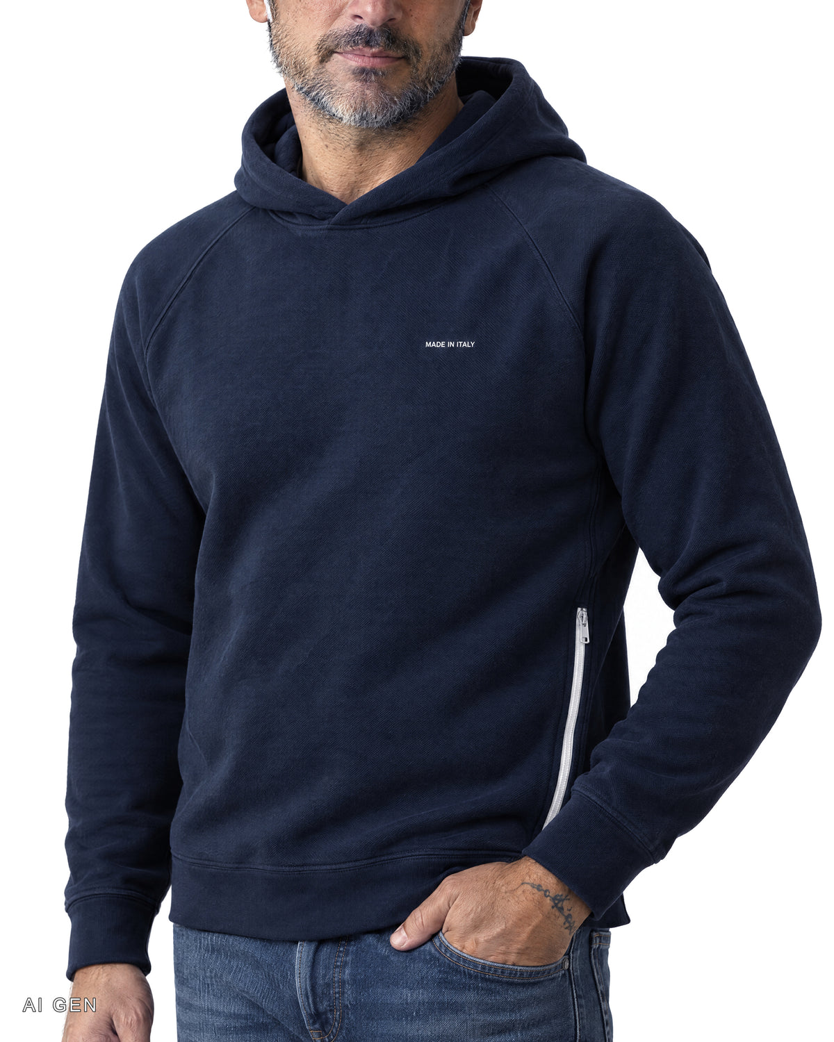 NINJA – hoodie in pile blu navy con zip laterale, indossato da un modello – dettaglio