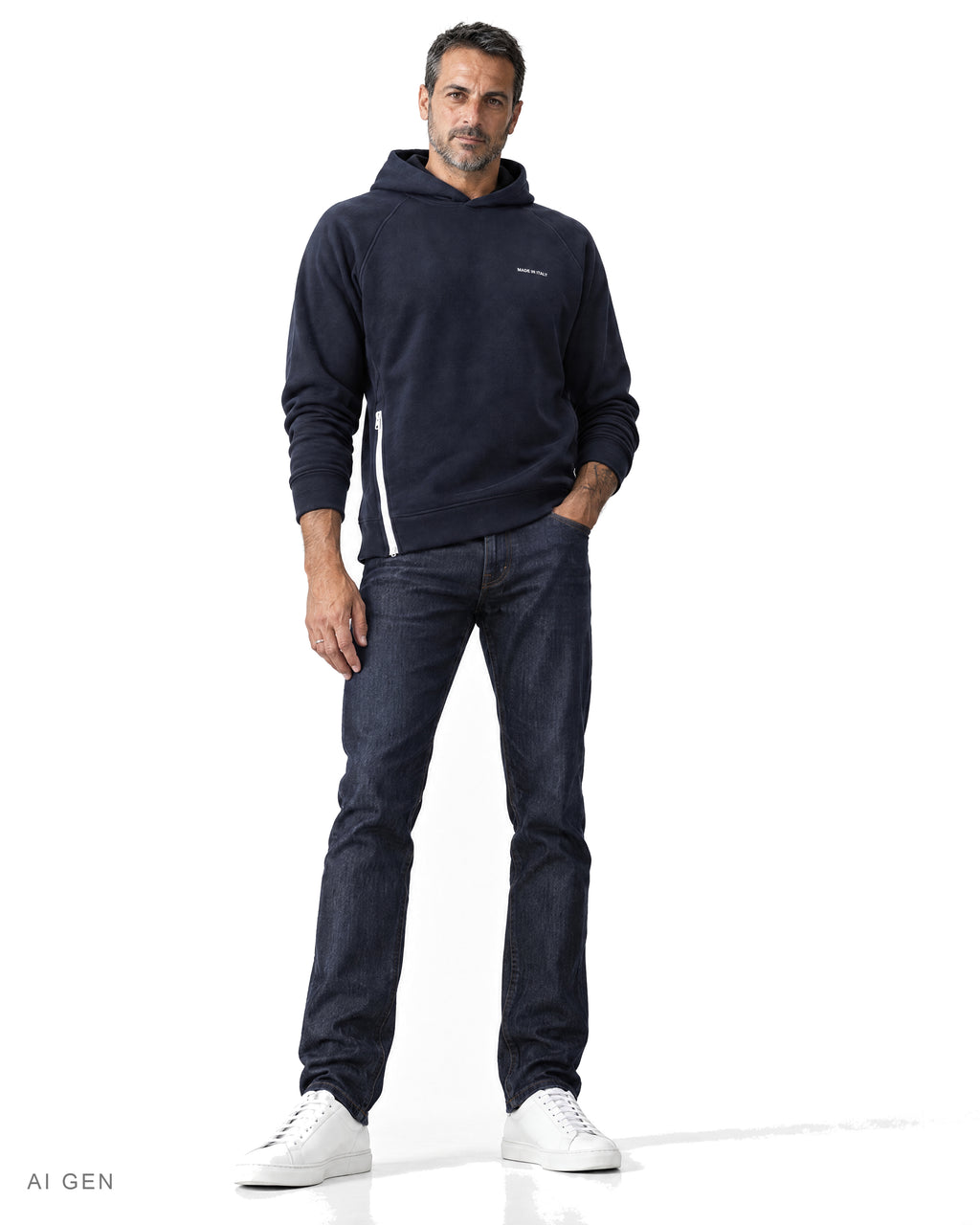 NINJA – hoodie in pile blu navy con zip laterale, indossato da un modello – vista frontale
