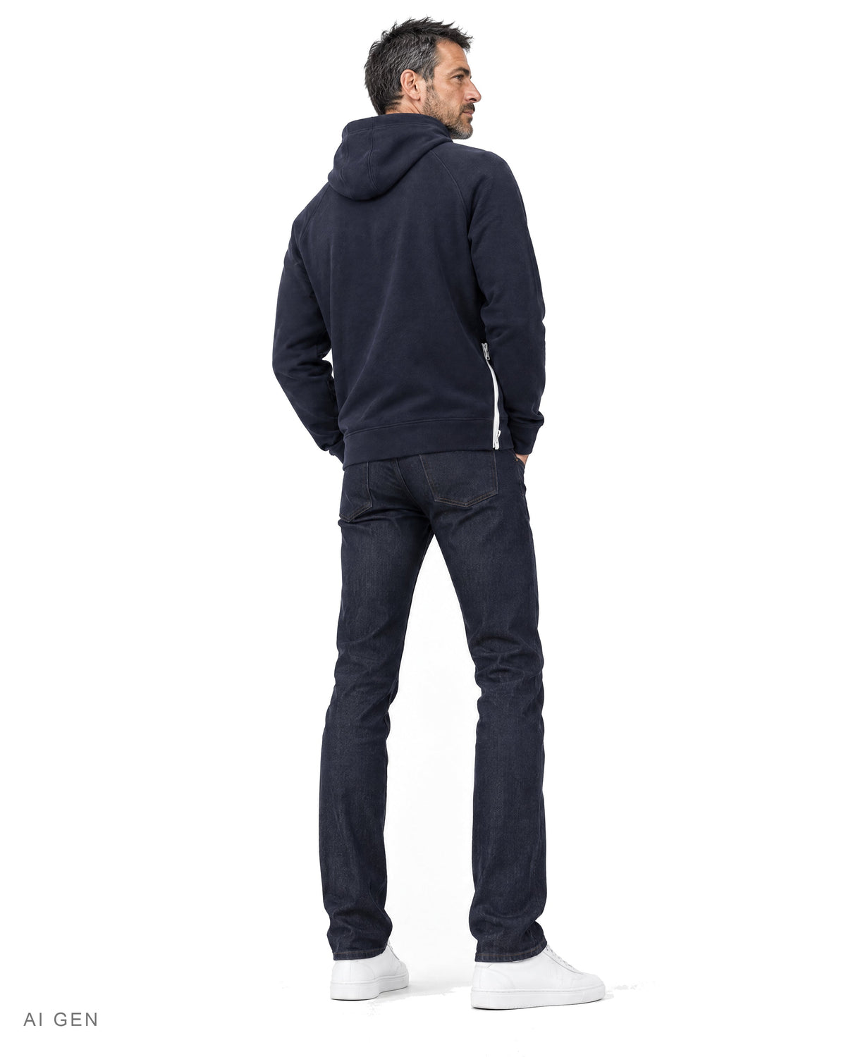 Felpa a collo alto – hoodie in pile blu navy con zip laterale, indossato da un modello – vista posteriore