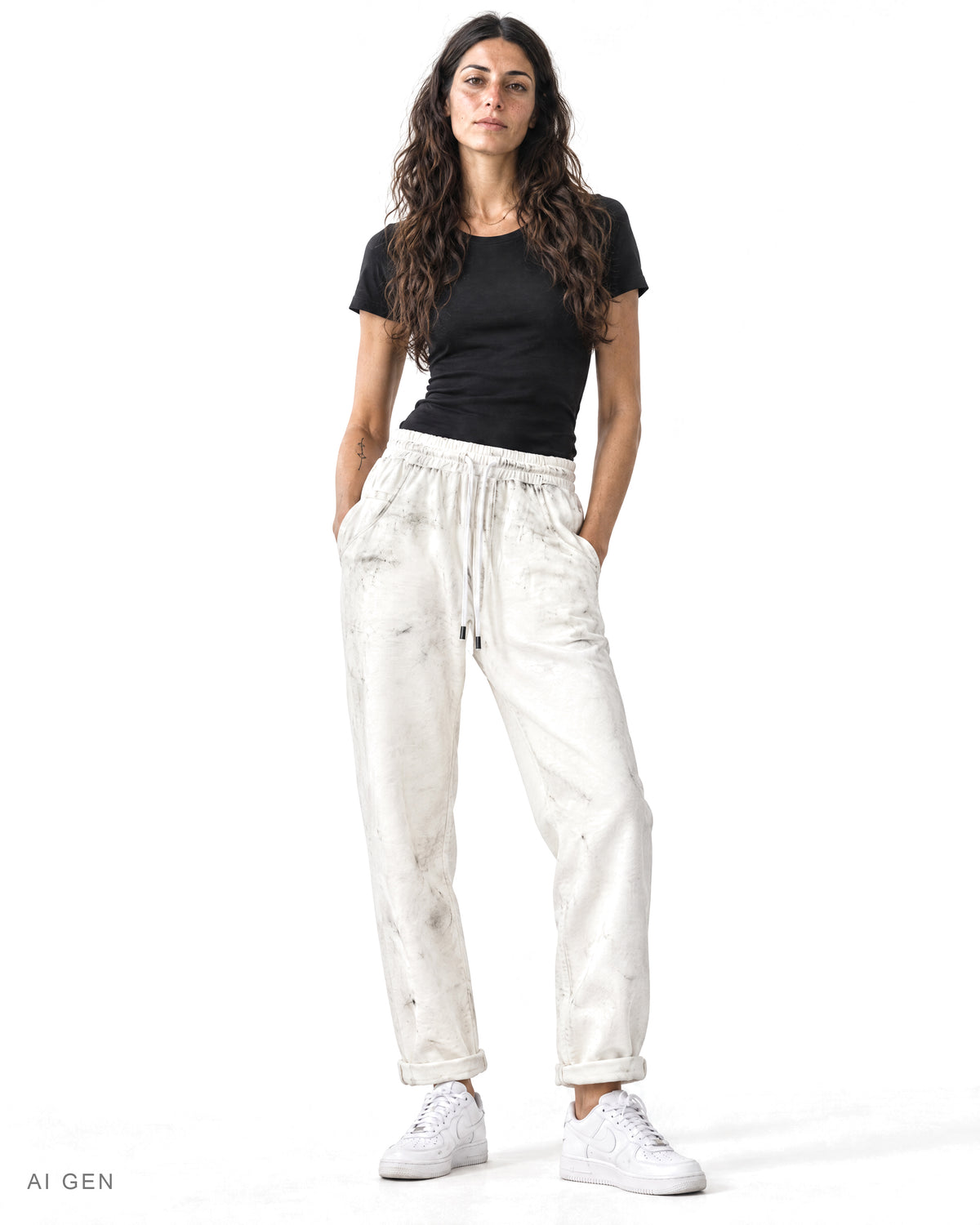 Pitt Conrad SNOW FADE – jogger bianco effetto sporco indossato da una modella, vista frontale
