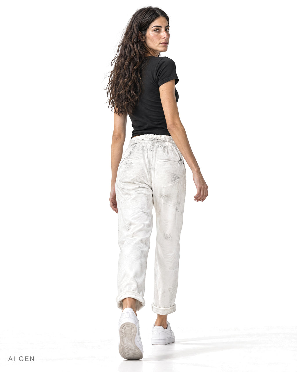 Pitt Conrad SNOW FADE – jogger bianco effetto sporco indossato da una modella, vista posteriore