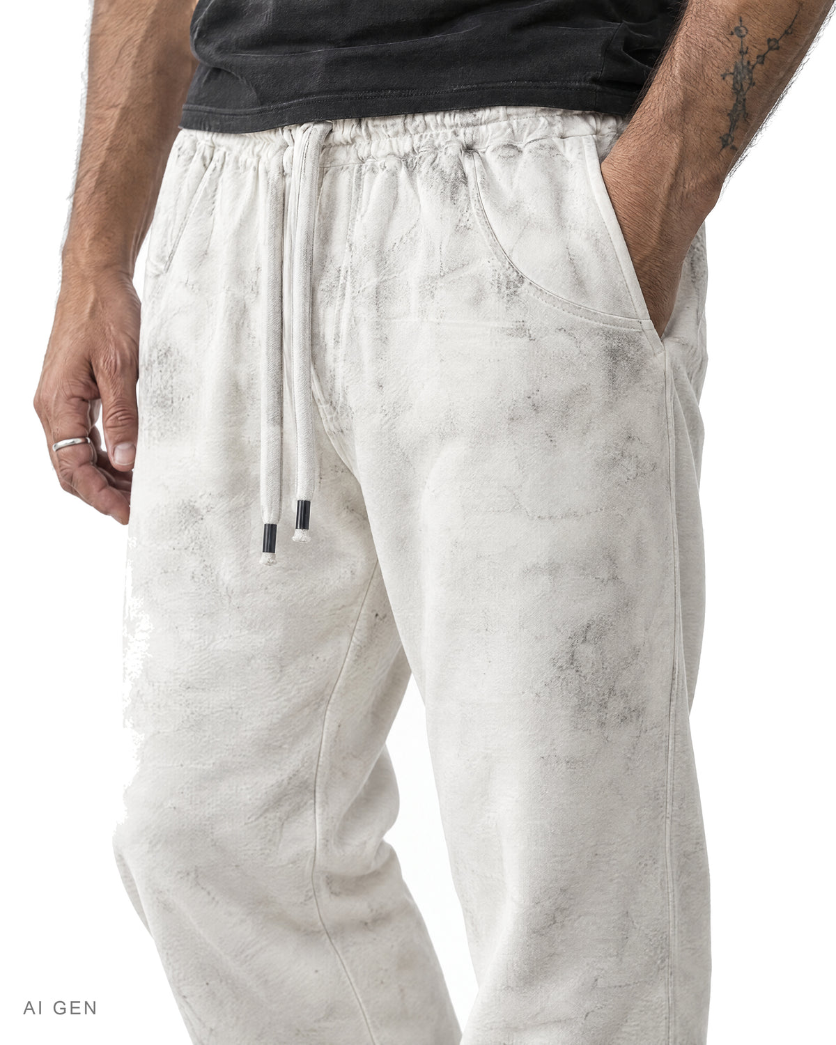 SNOW FADE – jogger bianco in felpa effetto sporco, indossato da un modello – dettaglio