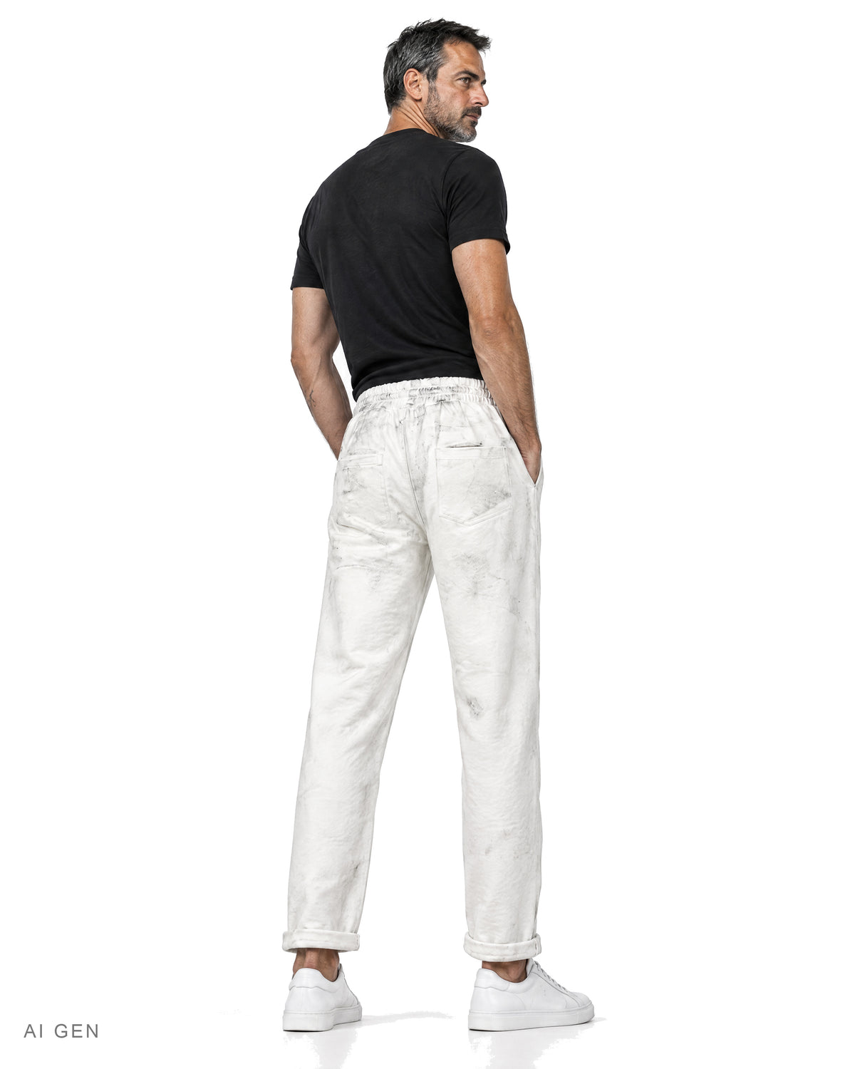 SNOW FADE – jogger bianco in felpa effetto sporco, indossato da un modello – vista posteriore