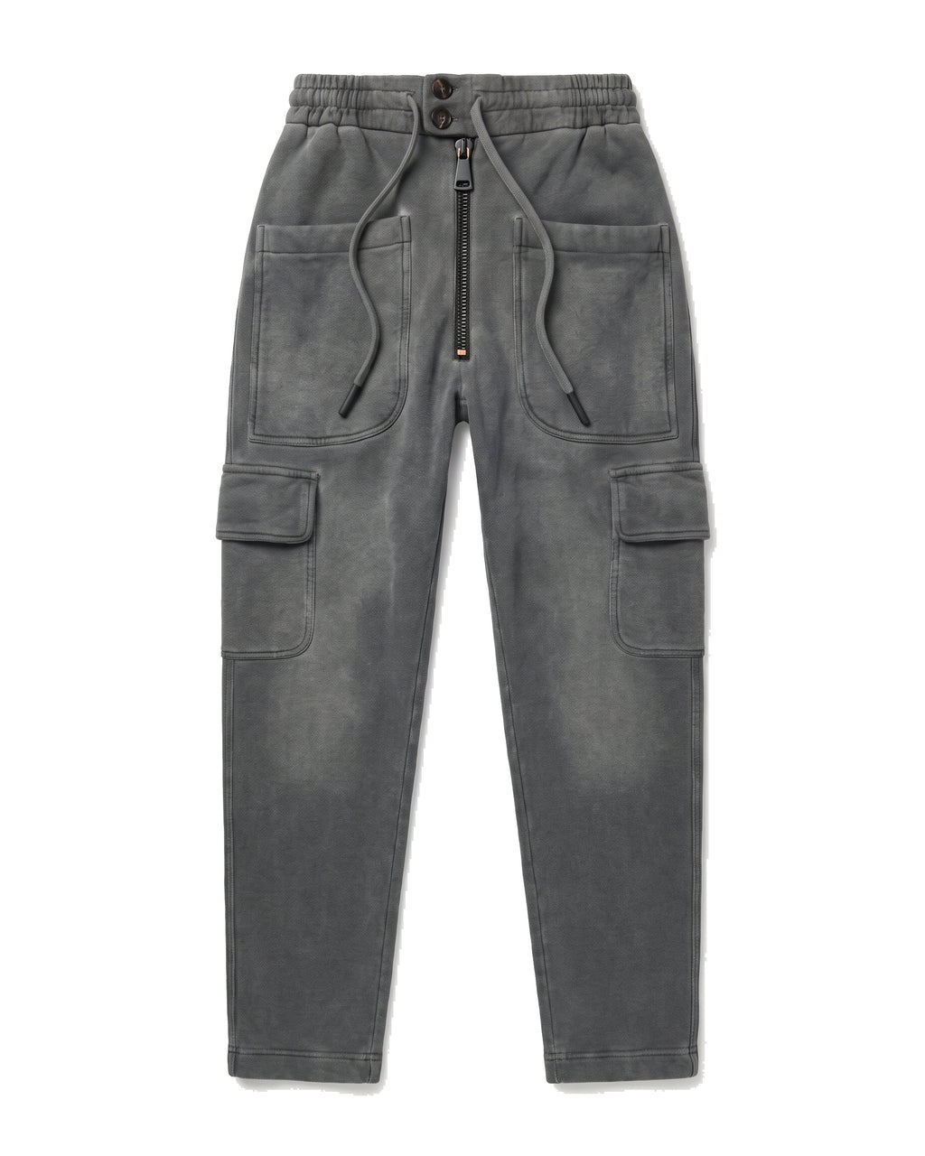 Jogger cargo in felpa grigio antracite slavato con zip frontale – vista frontale