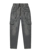 Jogger cargo in felpa grigio antracite slavato con zip frontale – vista frontale