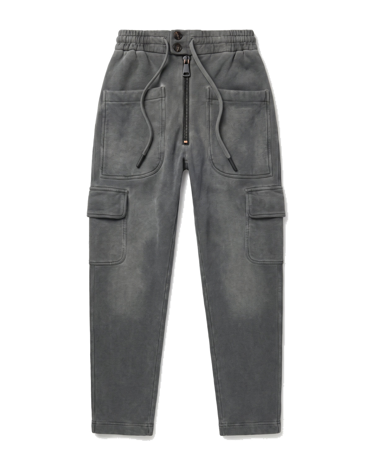 Jogger cargo in felpa grigio antracite slavato con zip frontale – vista frontale