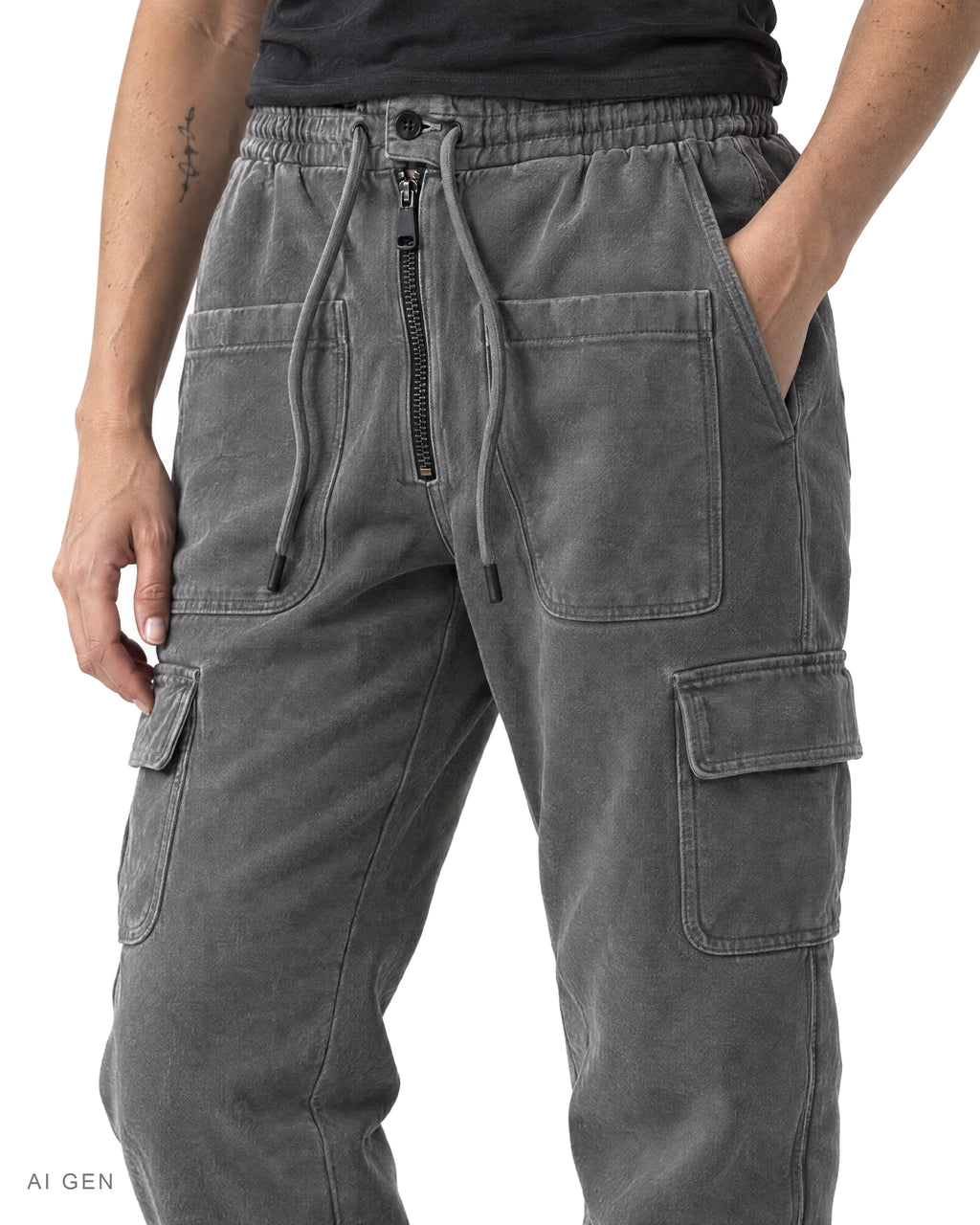 Pitt Conrad JOGGER CARGO – jogger cargo in felpa grigio antracite indossato da una modella, dettaglio della vestibilità