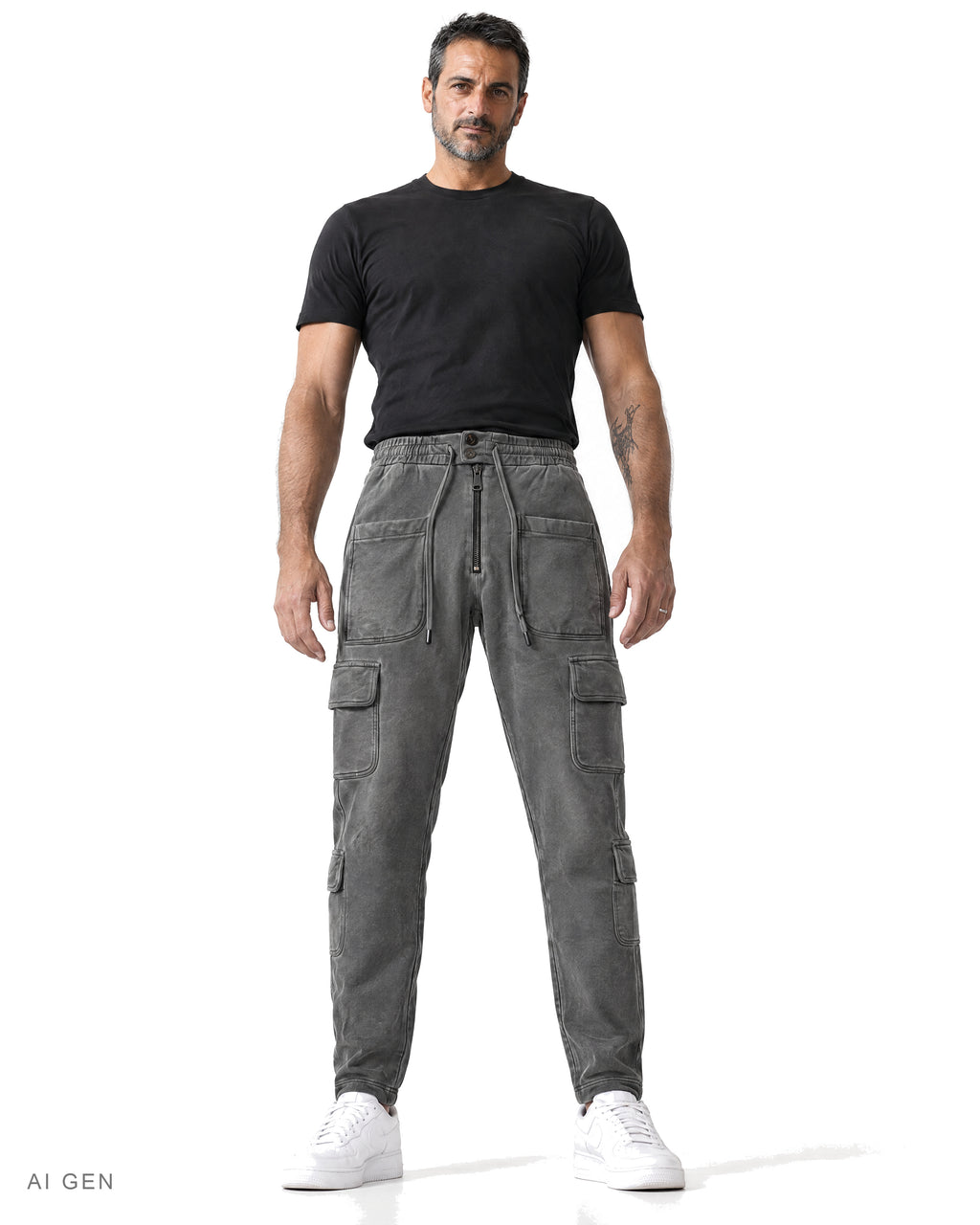 JOGGER CARGO – pantalone cargo in felpa grigio antracite, indossato da un modello – vista frontale