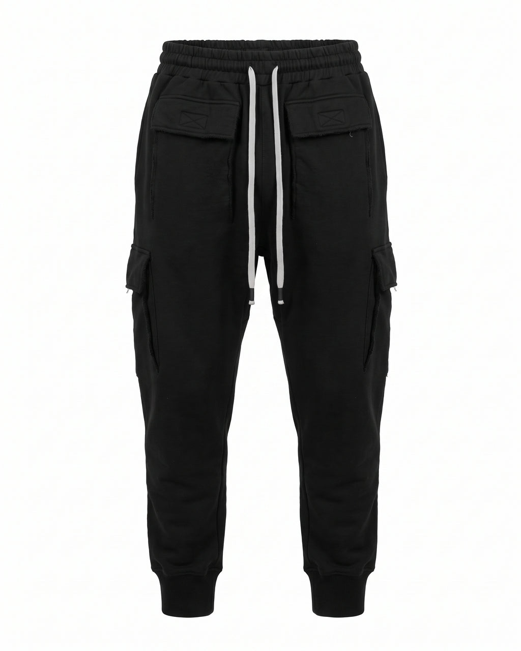 Jogger cargo nero in felpa con coulisse grigia – vista frontale