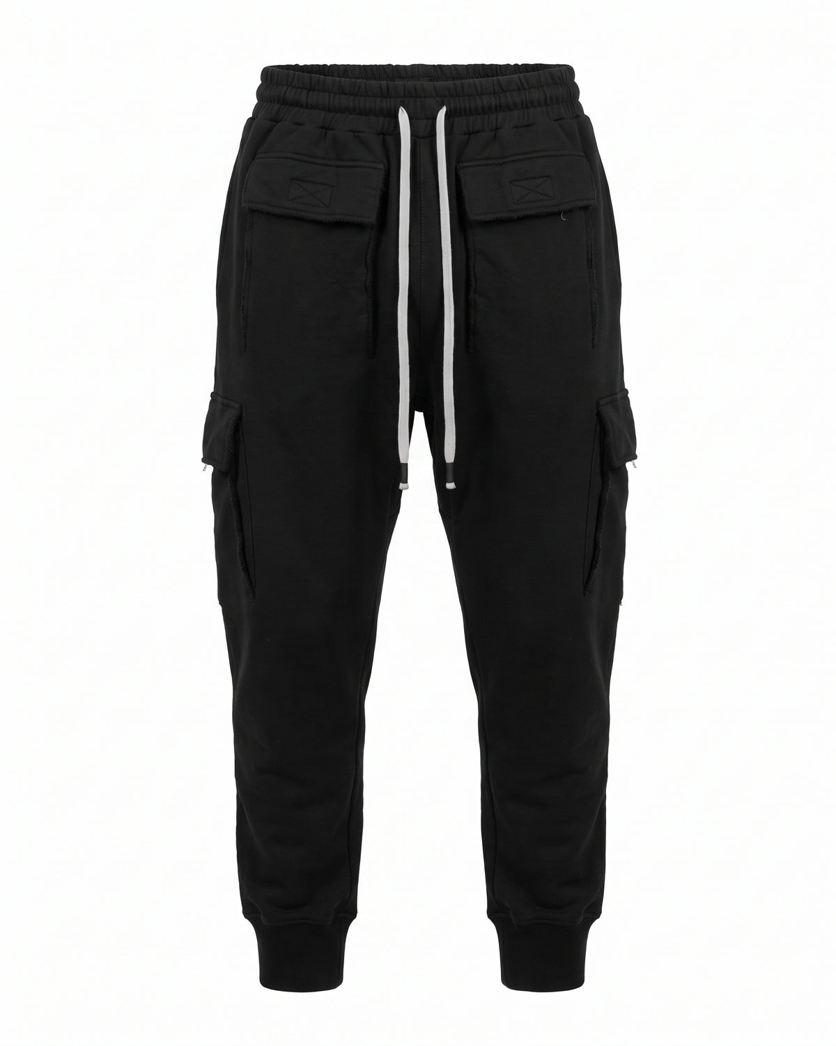 Jogger cargo nero in felpa con coulisse grigia – vista frontale