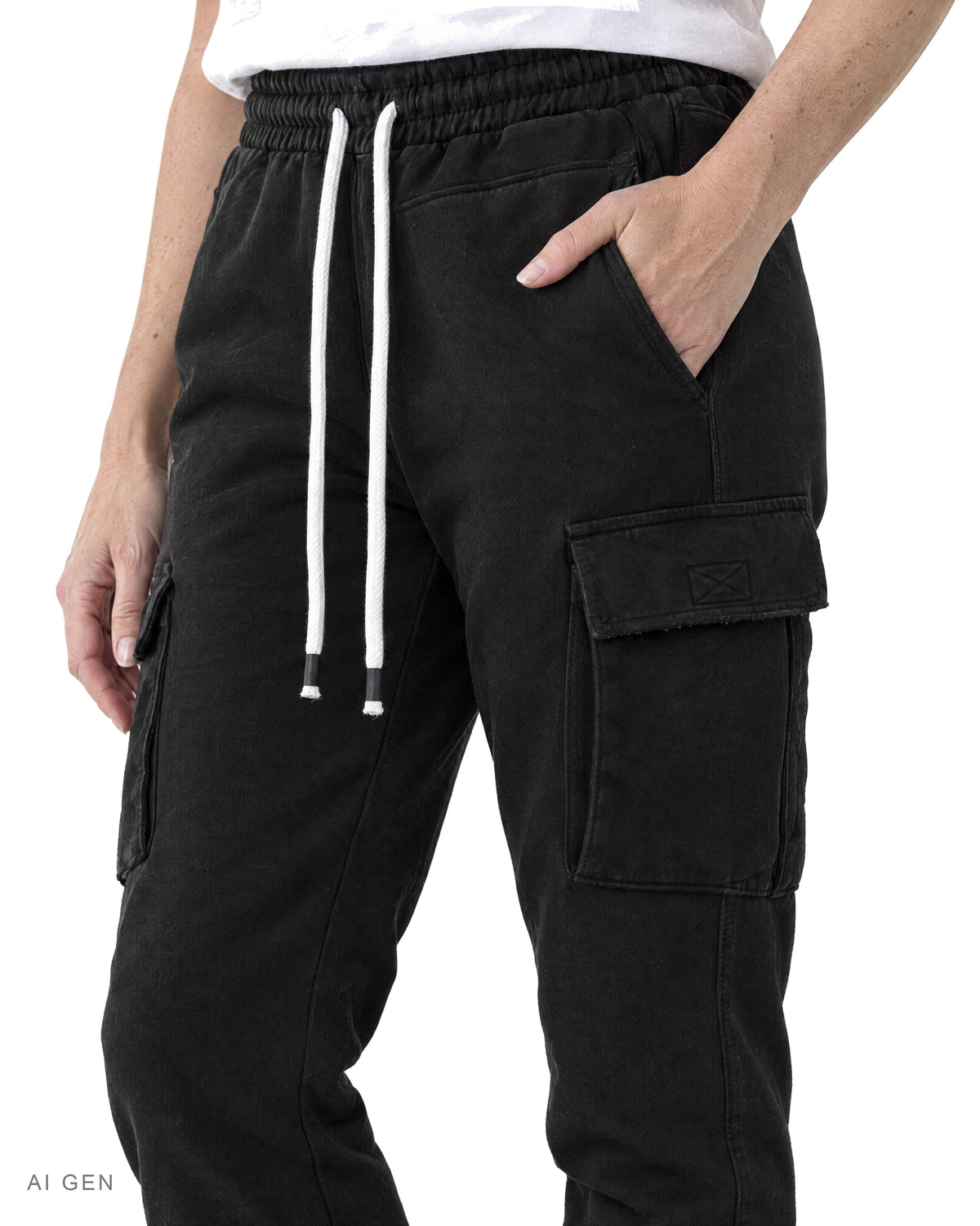 Pitt Conrad RAW EDGE – jogger cargo nero in felpa con coulisse indossato da una modella, dettaglio della vestibilità