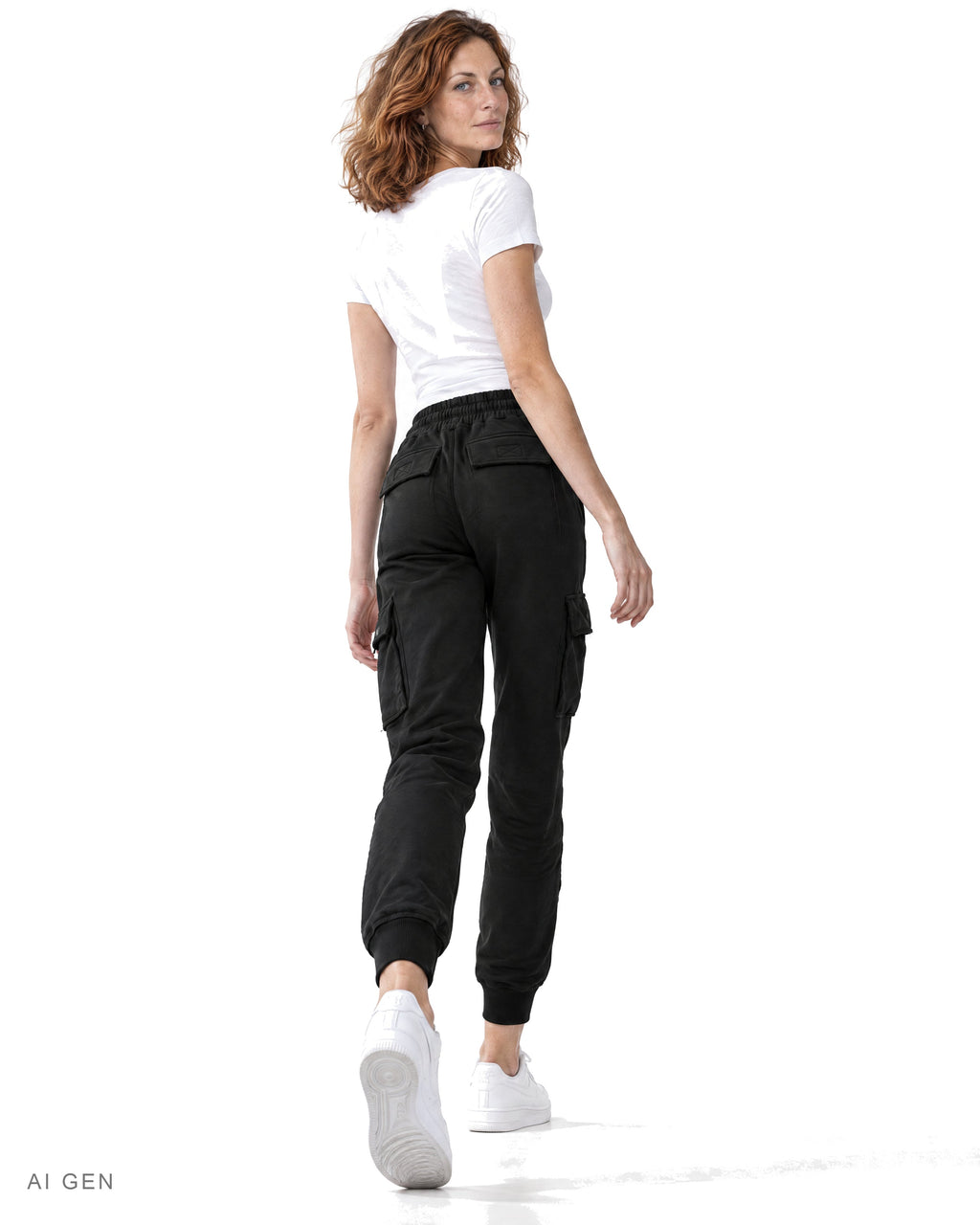 Pantalone Cargo in Felpa – jogger cargo nero in felpa con coulisse, indossato da una modella – vista posteriore