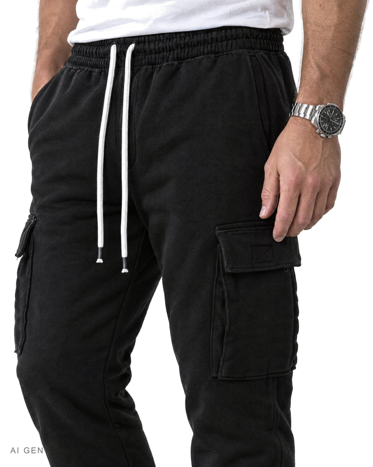 Pantalone Cargo in Felpa – jogger cargo nero in felpa con coulisse, indossato da un modello – dettaglio