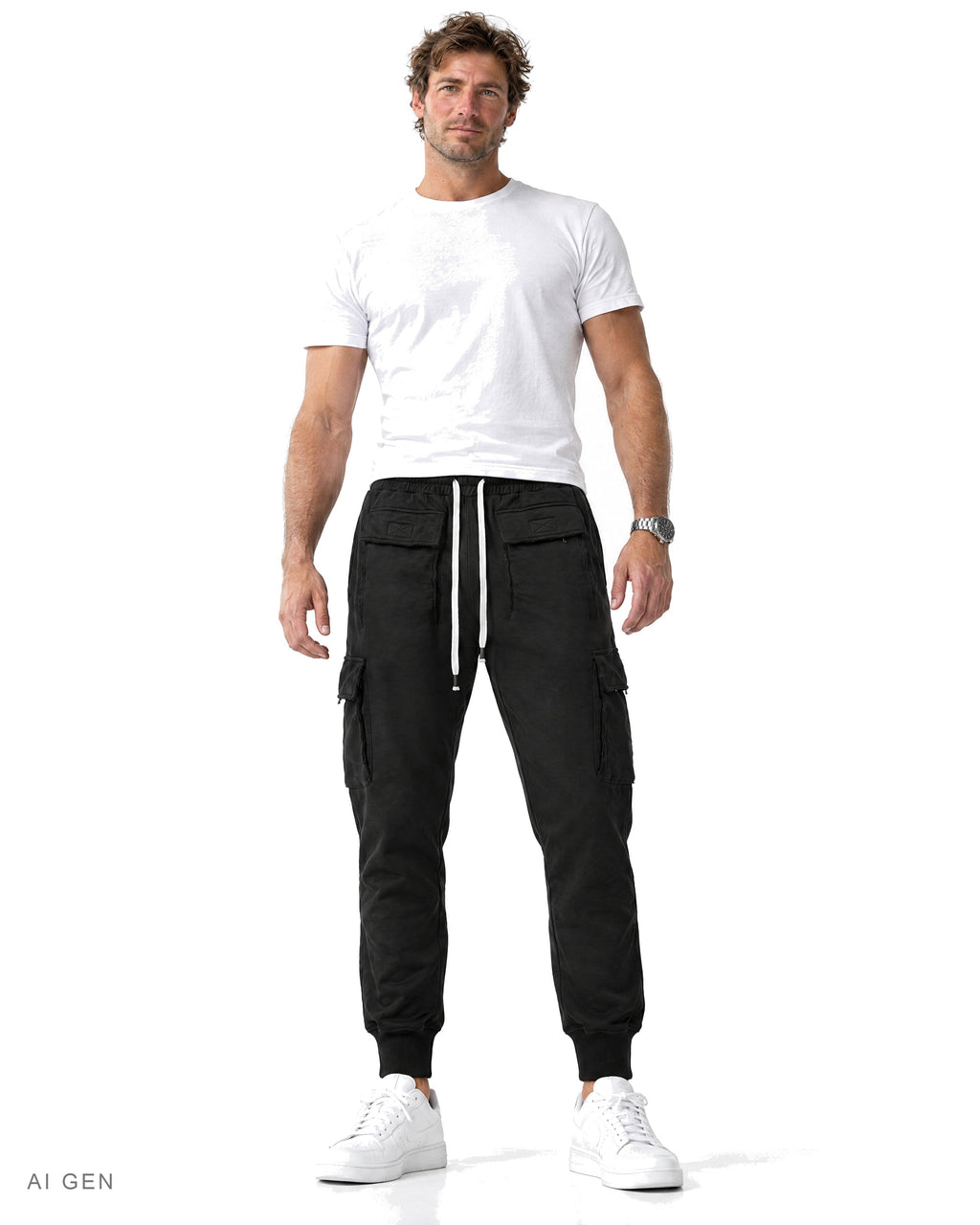 Pantalone Cargo in Felpa – jogger cargo nero in felpa con coulisse, indossato da un modello – vista frontale