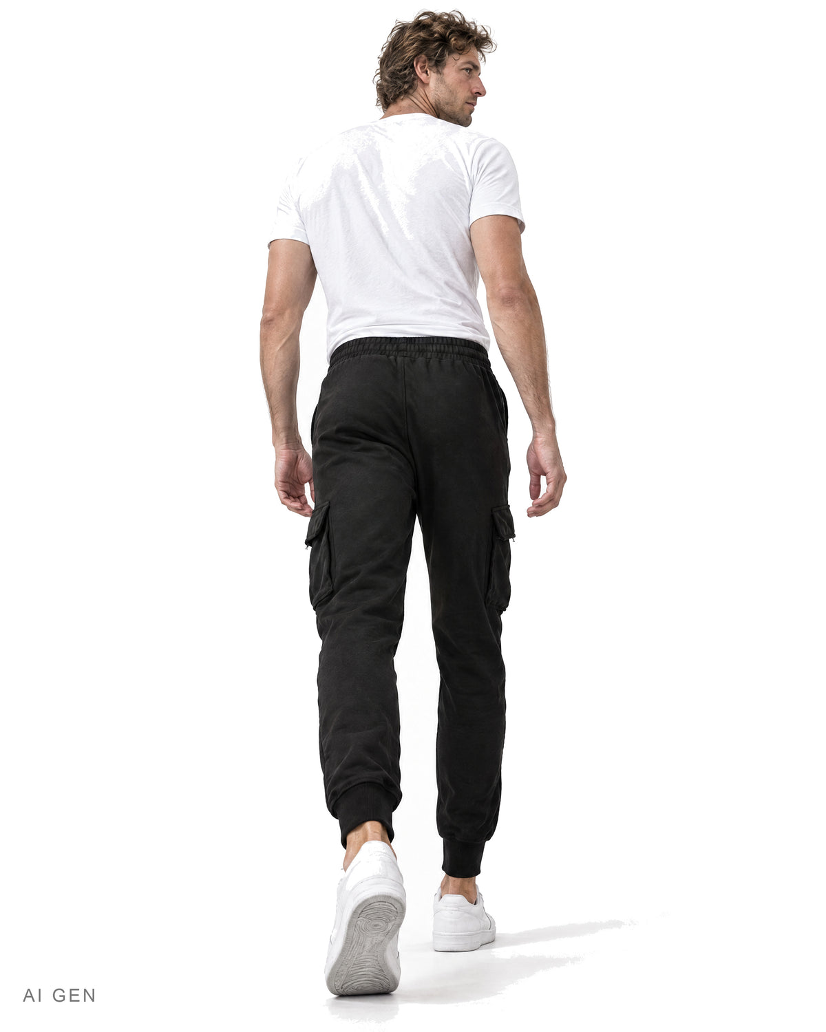 RAW EDGE – jogger cargo nero in felpa con coulisse, indossato da un modello – vista posteriore