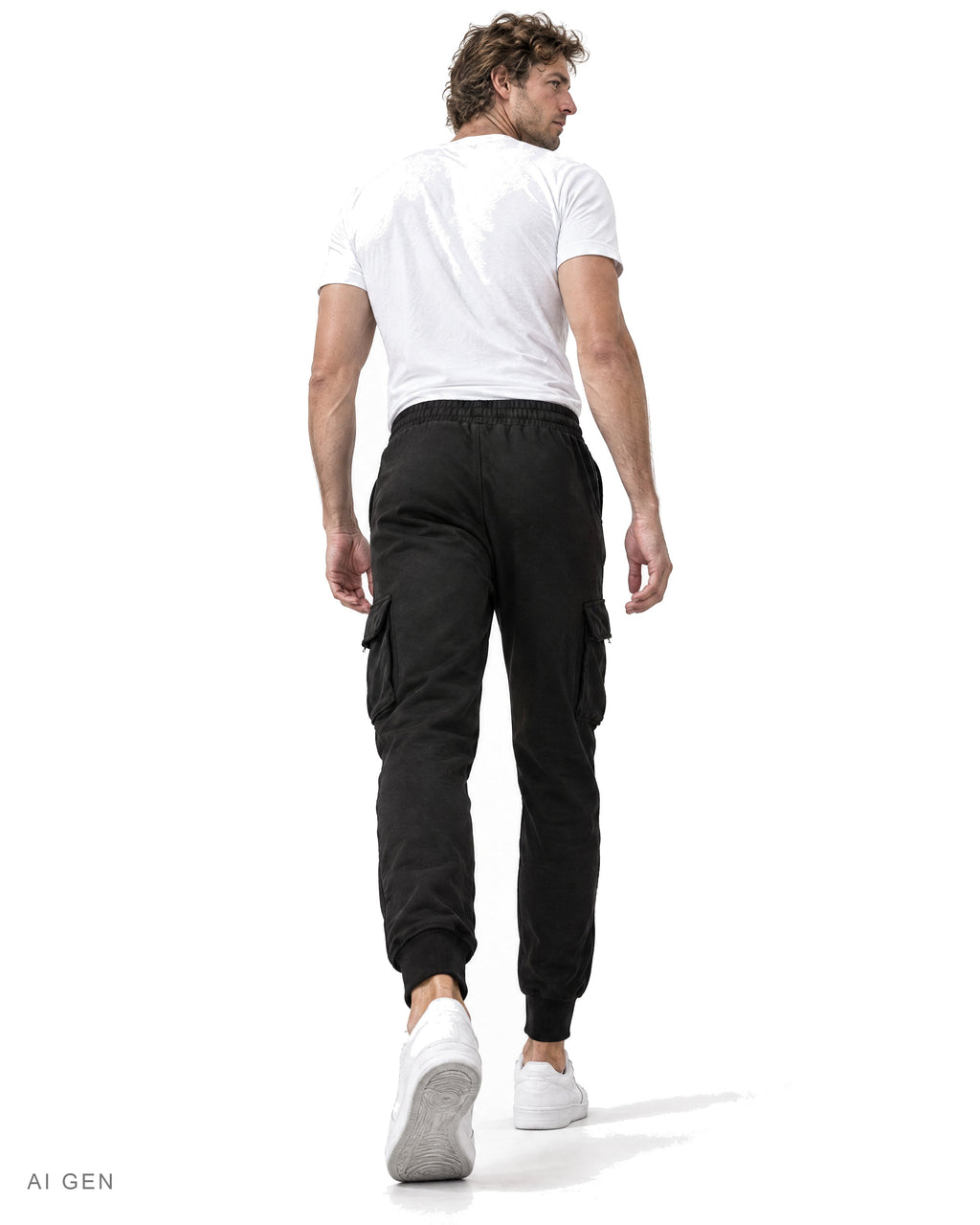 Pantalone Cargo in Felpa – jogger cargo nero in felpa con coulisse, indossato da un modello – vista posteriore