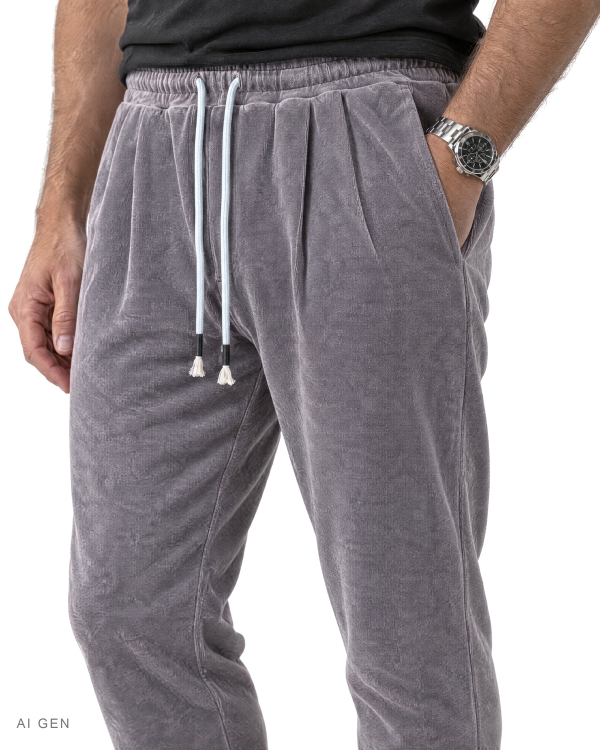 Pitt Conrad URBAN PLEAT – jogger in ciniglia grigio malva con coulisse indossato da un modello, dettaglio della vestibilità