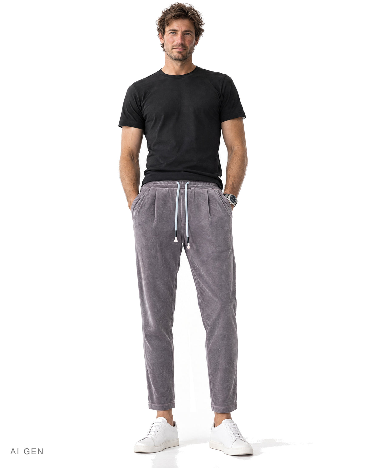 Pitt Conrad URBAN PLEAT – jogger in ciniglia grigio malva con coulisse indossato da un modello, vista frontale