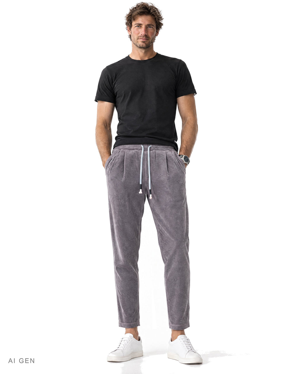 Pantalone in Felpa con Pinces – jogger in ciniglia grigio malva con coulisse, indossato da un modello – vista frontale