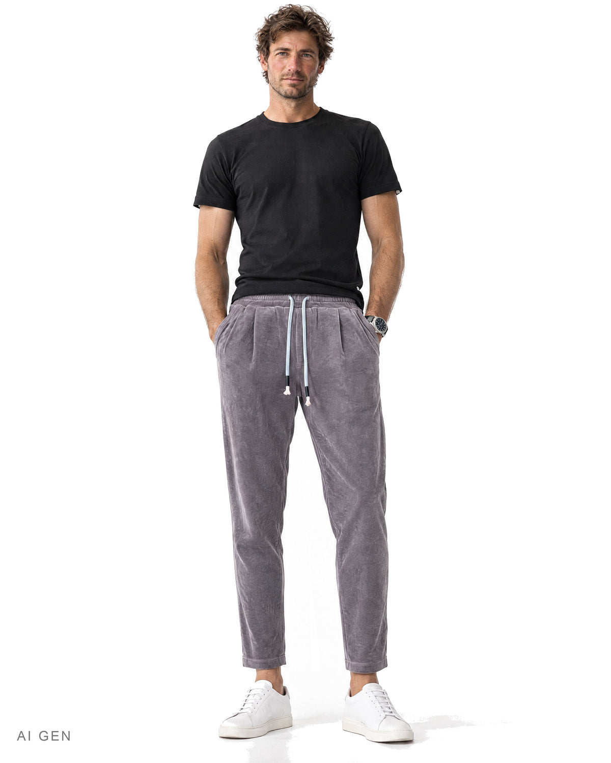 Pantalone in Felpa con Pinces – jogger in ciniglia grigio malva con coulisse, indossato da un modello – vista frontale