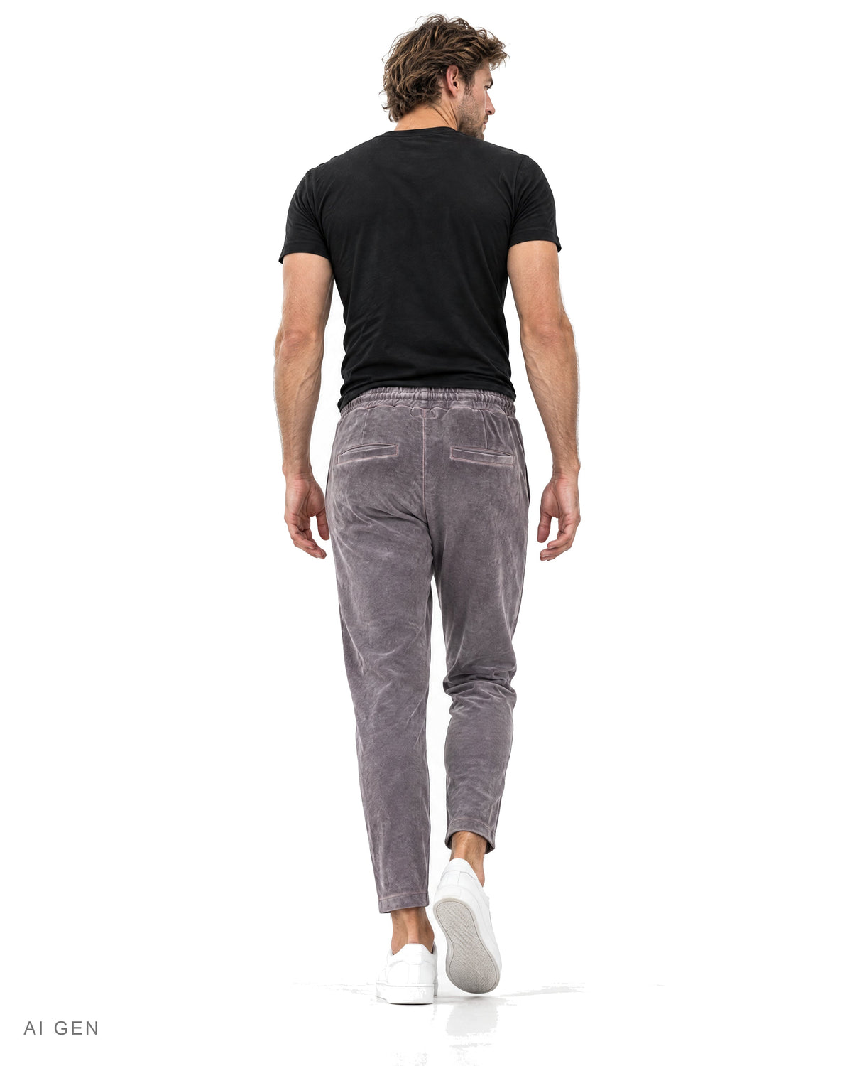 Pantalone in Felpa con Pinces – jogger in ciniglia grigio malva con coulisse, indossato da un modello – vista posteriore