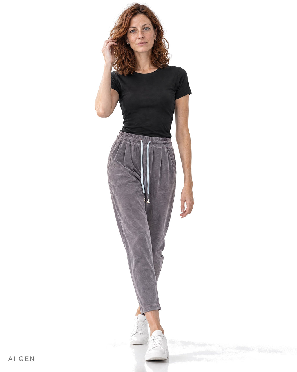 Pantalone in Felpa con Pinces – jogger in ciniglia grigio malva con coulisse, indossato da una modella – vista frontale