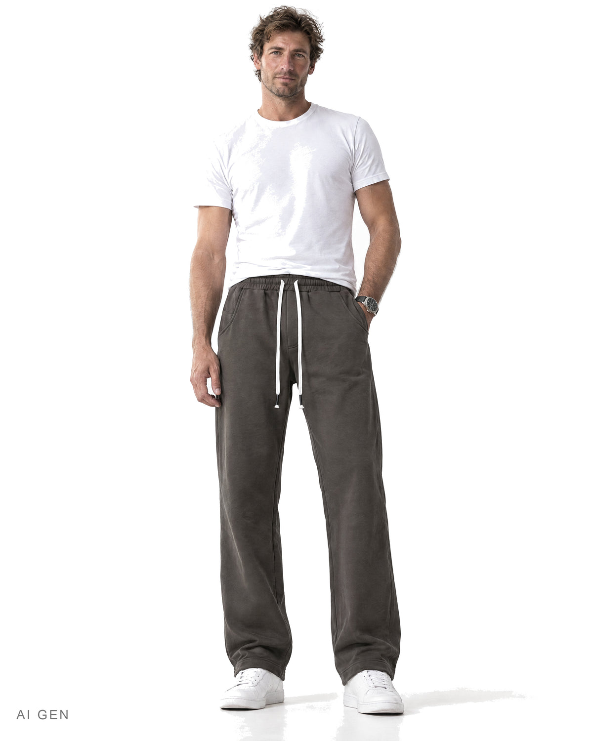 CINQUE TASCHE – jogger in felpa grigio antracite con coulisse, indossato da un modello – vista frontale